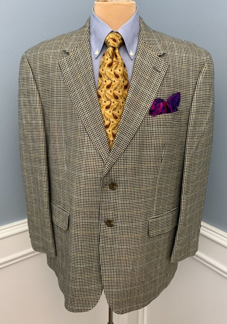 Chaps Blazer Mens 44S 100% Silk Plaid Houndstooth Tweed Jacket Sportcoat